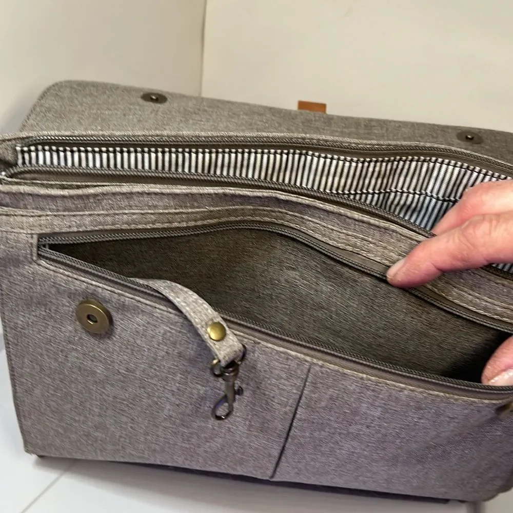 PKG Tablet Case Laptop Bag New w/o Tags Gray with Tobacco Faux Leather Trim